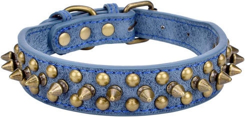 Mushrooms Spiked Rivet Studded Adjustable PU Leather Pet Collars - For Cats Puppy Dogs, A Blue