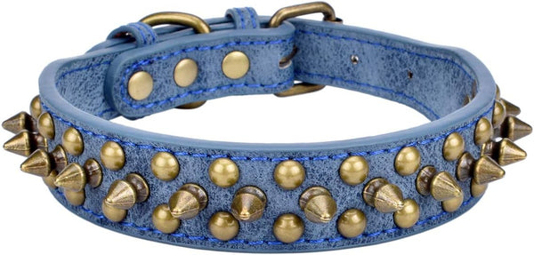 Mushrooms Spiked Rivet Studded Adjustable PU Leather Pet Collars - For Cats Puppy Dogs, A Blue