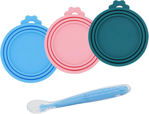 Food Can Covers | 3 Pack Silicone Lids & 1 Can Spoon | Fits Most Standard Size Canned Dog Cat Food