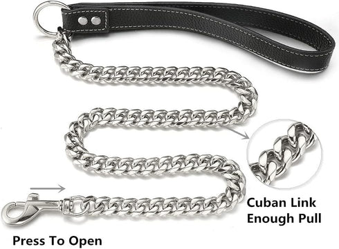 Silver Chain Dog Leash 15MM Solid Chew Proof 316L Stainless Steel Cuban Link Chain with Leather Handle 3FT/4FT/5FT for