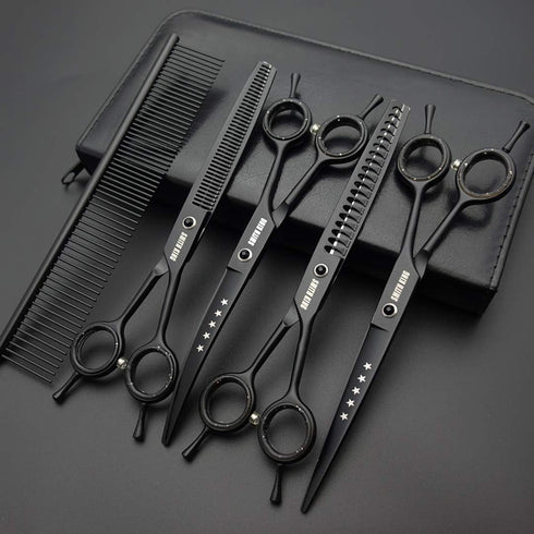 Professional Dog Grooming Scissors Set 7.0 inches - Straight, Thinning, Curved, Chunkers & Comb, Black