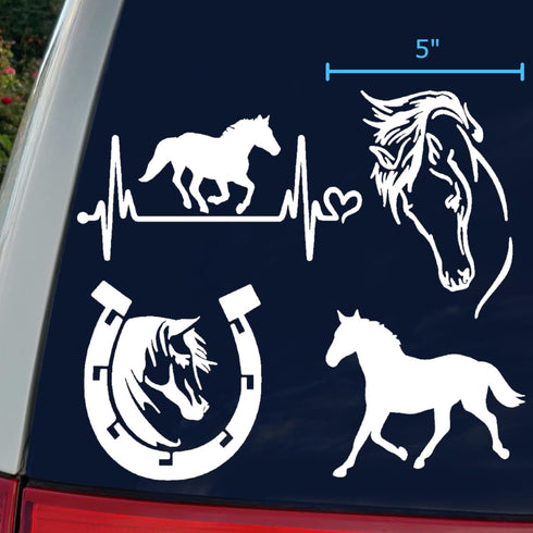 Horse Decal Pack: Large 5" Heartbeat, Galloping, Horseshoe, Detailed Horse Head (White)