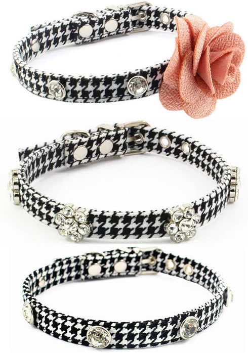 Rhinestone Dog Collar - Designer Crystal Jewelry, Cute Houndstooth Cloth Cat Collar, Size S
