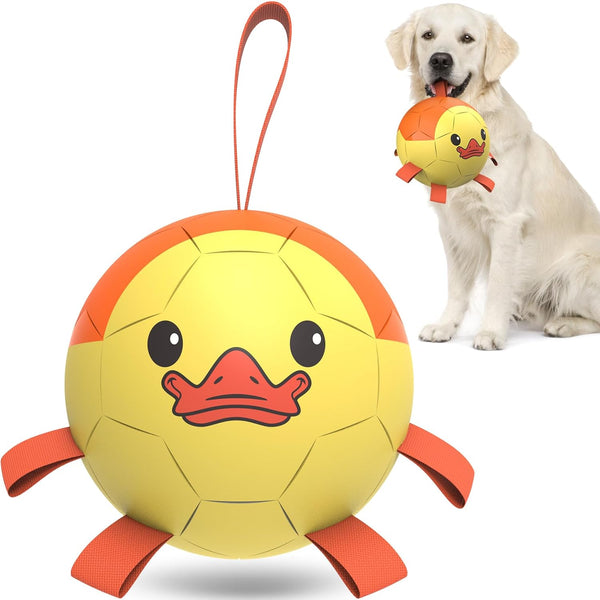 Dog Toys Soccer Ball with Straps - Interactive Tug of War Toy, Durable Dog Balls for Medium & Large Dogs (Duck, 8 Inch)