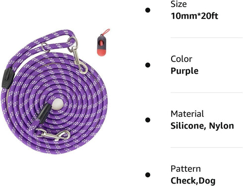 Long Rope Dog Leash for Training 12FT 20FT 30FT 50FT, Reflective Threads Tie-Out Check Cord for All Dogs (Purple,