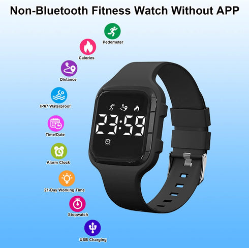 Fitness Pedometer Watch for Boys Girls, Kids Fitness Tracker Without App/Bluetooth/Phone, Rechargeable Kids Watch, LED Sports Watch with Alarm Clock Timer Calories Distance Step Counter
