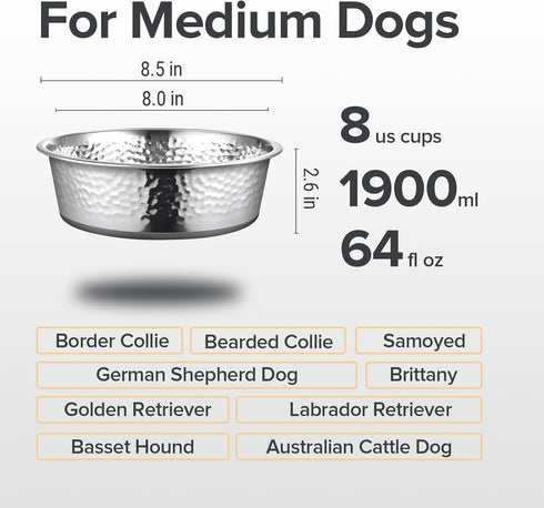 2 Pack Hammered Stainless Steel Dog Bowls - Premium Non-Slip Metal Bowls, Dishwasher Safe, 8 Cup, Gray Bottom