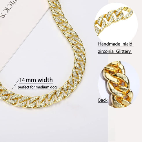 Gold Dog Collar with 14mm Cuban Link Chain, Handmade Iced Out Diamond Pet Jewelry