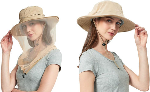 Head Net Hat - Safari Sun Bucket Hat with Netting for Men/Women