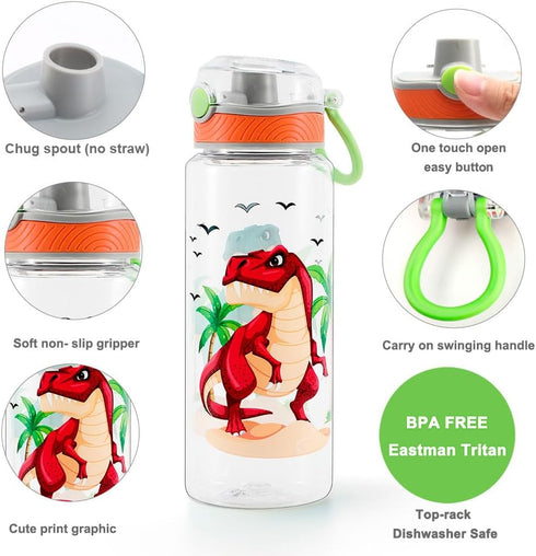 Home Tune 23oz Kids Water Bottle for School Boys, BPA FREE Tritan, Leak Proof Flip Top Lid, Carry Handle - Dinosaur.