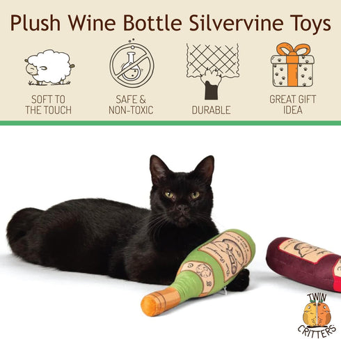 KittiLush 2-Pack Organic Silvervine Catnip Substitute Toys - 100% All-Natural Refillable Wine Bottle Kicker