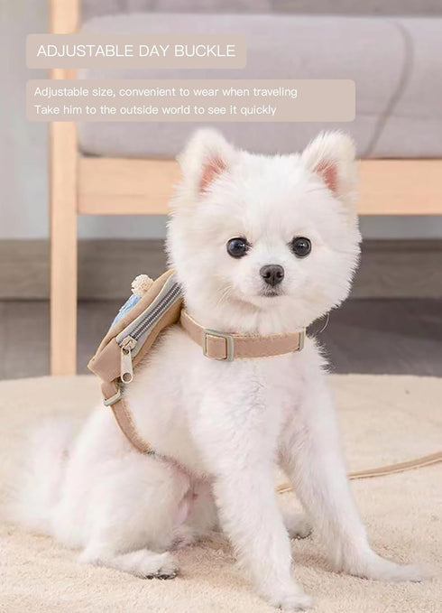 Dog Backpack Harness with Leash, Adjustable Travel Hiking Walking Harness for Small Dogs & Cats (Apricot, L)