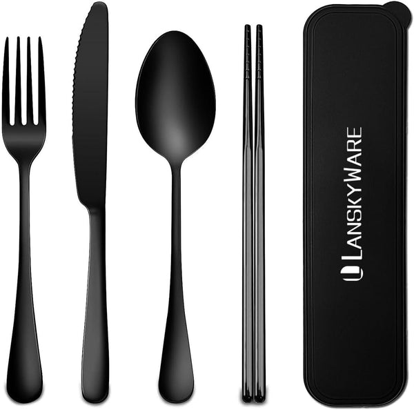 Travel Utensils Set, 18/8 Stainless Steel 4pcs Cutlery, Portable Camp Reusable Flatware with Case (Black)