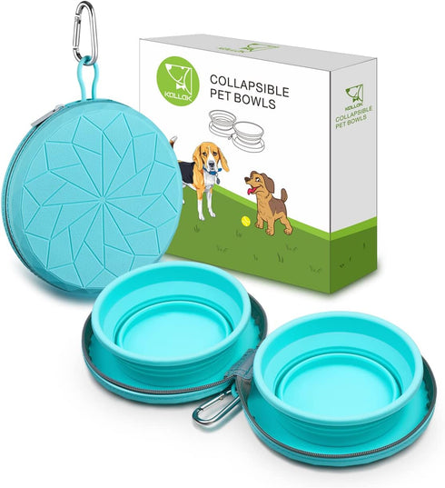 Collapsible Silicone Twin Dog Bowls with Zipper Case, 2 in 1 Portable Travel Dog Bowls