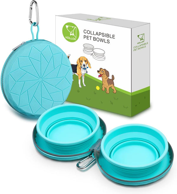 Collapsible Silicone Twin Dog Bowls with Zipper Case, 2 in 1 Portable Travel Dog Bowls