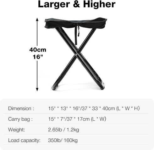 16" 350lbs Foldable Portable Camping Stool Heavy Duty for Adults, Lightweight Travel Stool with Carry Bag, Black