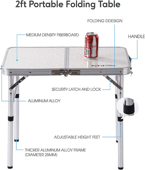 Folding Camp Table Small, 24''L x 16''W with Adjustable Height Legs for Indoor Outdoor Lightweight Dining