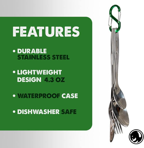Tapirus Camp Utensils To Go | 6-piece Portable Set | Durable Stainless Steel Silverware with Waterproof Case