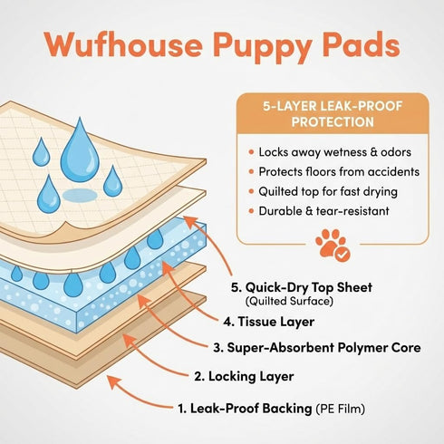 WUF HOUSE 5-Layer 35 24, Pack 40 WUFHOUSE Potty Pads for Dogs - Extra Large with Absorbency, Leak Proof Odor Control