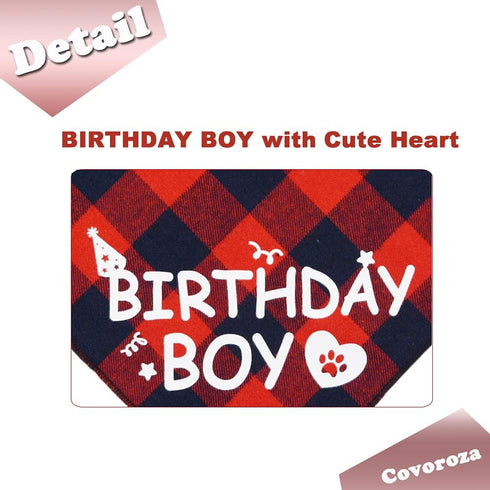 Dog Birthday Boy Bandana and Hat Set, “Birthday Boy” Print Plaid Party Supplies for Small Medium Large Pets (Red)