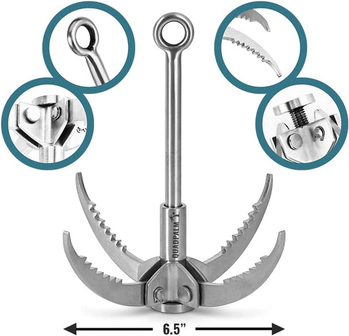 Multifunctional QUADPALM Grappling Hook with 10m Rope - Heavy Duty Stainless Steel Folding Claws for Climbing