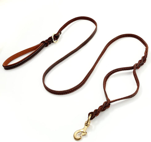 Guiding Star 6ft Double Handle Leather Dog Leash, Heavy Duty Braided for Small Medium & Large Dogs, Brown