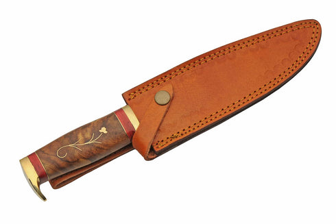 SZCO Supplies 12.25" Inlay Wood Handled Outdoor Hunting Knife With Leather Sheath