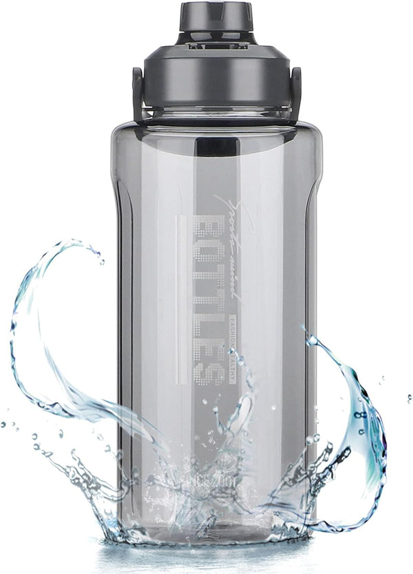 Half Gallon/64oz Water Bottle With Handle, Leak Proof with Removable Strainer, BPA Free Fitness 2L Sports Jug (Grey)