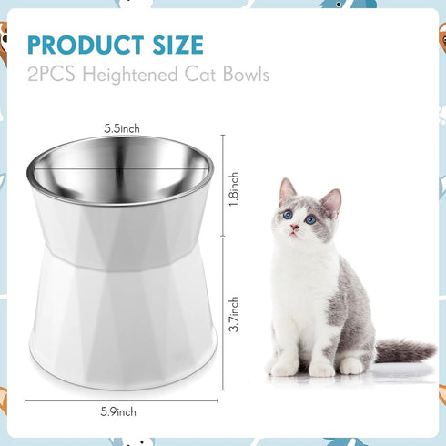 2 Pcs Elevated Cat Bowls Adjustable Raised Cat Feeder Non Slip Cat Food and Water Bowl with Stand Safe Stainless Steel Cat Bowls with PET Food Stand for Feeding Eating Pets (White)