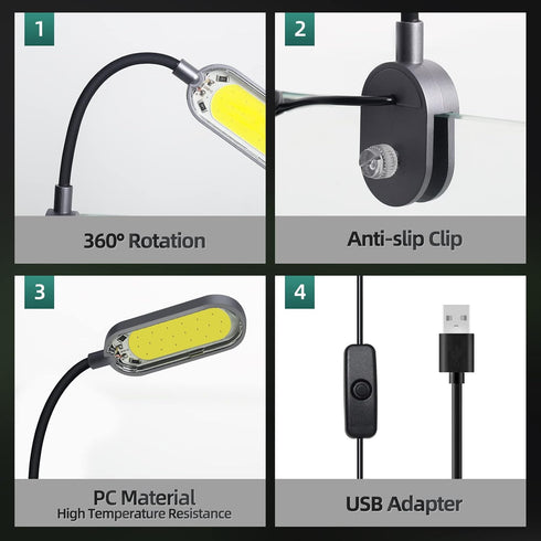 UPETTOOLS LED Clip on Fish Tank Light with Adapter, Small Full Spectrum USB Light 360° Rotation 3W