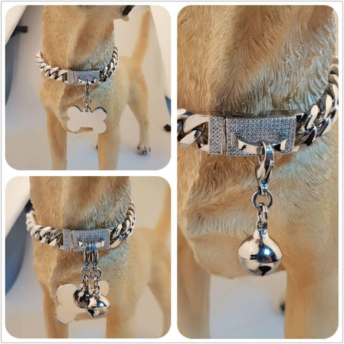 Silver Dog Chain Collar Cuban Link with Cubic Zirconia Buckle, ID Tag and Bell (15mm/19mm, 10-26inch)