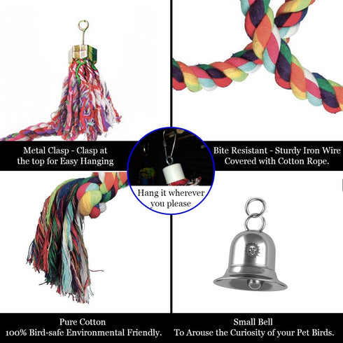 SunGrow Rope Perch for Parrots, 59” Long Bungee Bird Toy, Brightly Colored with Jingling Bell