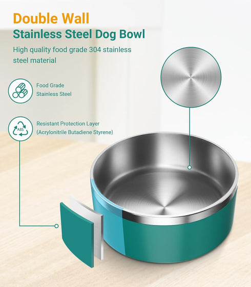 Stainless Steel Dog Bowls for Large Dogs - 64 Ounces/8 Cup Double Wall Weighted Dish with Non-Slip Base