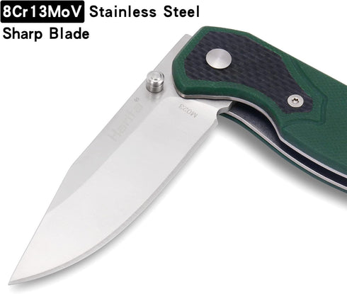 Outdoor Pocket Knife for Men with G10 Handle and 2.95-inch 8Cr13MoV Stainless Steel Blade, Portable Pocket Clip, Safety Liner Lock, Dark Green