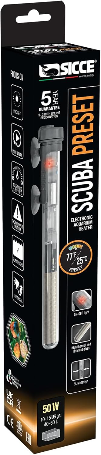 Sicce Scuba 50 Watt Aquarium Heater - Submersible for Up to 15 Gallons, Run Dry Protection