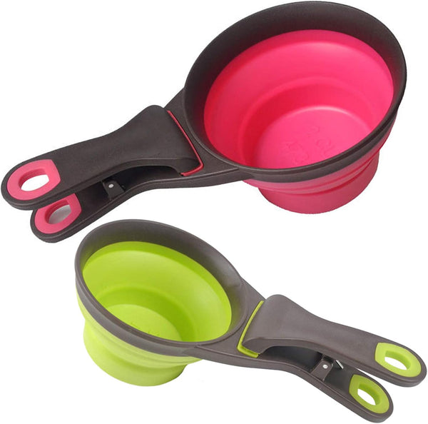 Collapsible Pet Scoop Silicone Measuring Cups Set, 3 in 1 Multi-Function Dog Snack Measuring Cup Set of 2.