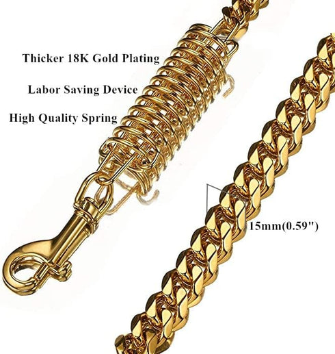 Gold Dog Chain Leash 15mm Cuban Link with Strong Buffer Spring, No-Pull Genuine Leather Handle for Large Dogs