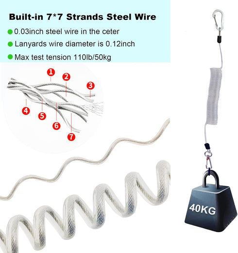 Fishing Lanyard - Heavy Duty Coiled Lanyards with Stainless Steel Wire Inside, Safety Rope Extension Cord Tether
