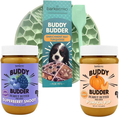 BUDDY BUDDER Superberry Snoot + Pumpkin Pup Blue Dog Enrichment Mat Combo, 100% Natural Dog Peanut Butter, 17oz Jars