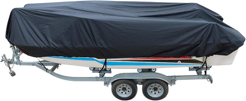 WFLNHB Heavy Duty 210D Boat Cover for Trailerable Fishing Ski Bass V-Hull Tri-Hull Runabouts, 17-19ft, Black