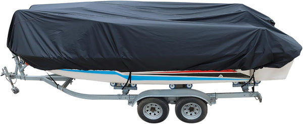 WFLNHB Heavy Duty 210D Boat Cover for Trailerable Fishing Ski Bass V-Hull Tri-Hull Runabouts, 17-19ft, Black