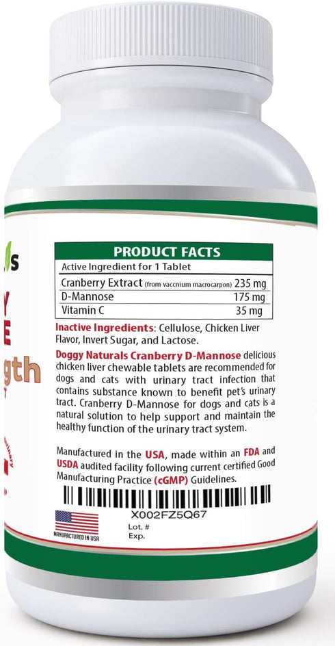 Cranberry D-Mannose for Dogs and Cats, Urinary Tract Infection Support, Double Strength Tablet, 120 Count