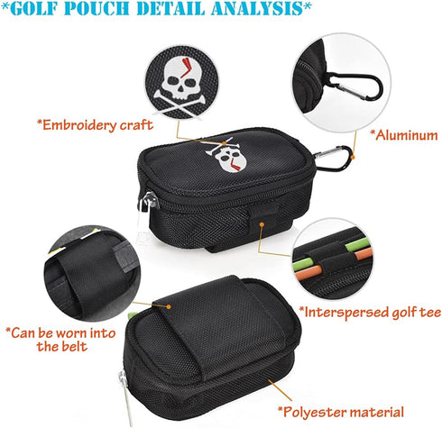 Skull Golf Ball Pouch - Durable Polyester Golf Tee Organizer Bag with Zipper Hook & Waist Belt for Men Women
