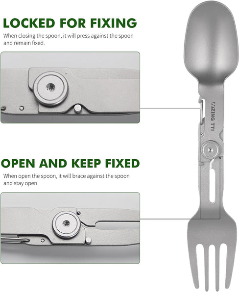 ZING TTI 2 1 Titanium Camping Flatware, in Removable Foldable Tableware, Fork and Spoon, with Storage Box,Camping