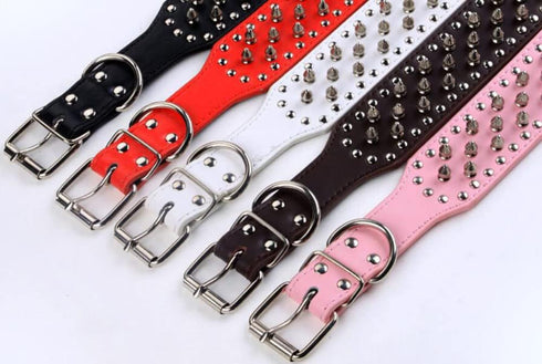 Spiked Studded Dog Collar - PU Leather Adjustable Collar for Medium or Large Breed Pet (L, Gold Brown)