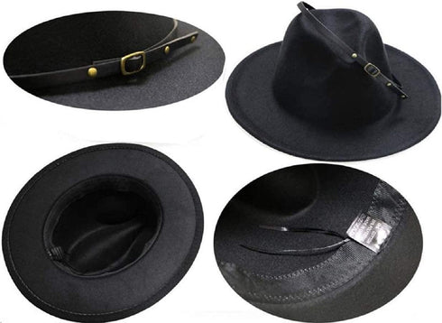 Girls Classic Felt Fedora Hat, Wide Brim Belt-Buckle Panama Hat for Kids 7-15 Years