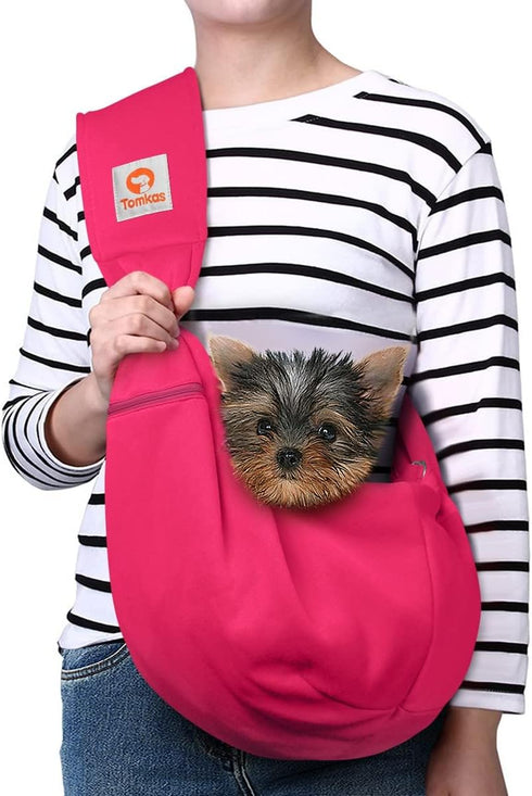 TOMKAS Dog Sling Carrier, Adjustable Strap for Small Dogs, Rose Red, Zipper Pocket for 3-10 lbs