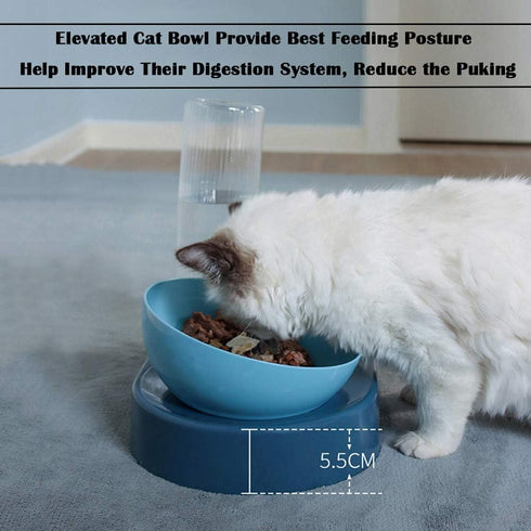 Raised Cat Food Bowls with Automatic Water Bottle, Cat Bowls Elevated 0°-15° Adjustable Tilted Cat Food Water Bowls Set Pet Feeder Feeding Dishes for Indoor Cats Puppies and Dogs (Blue)