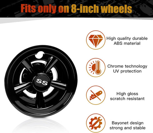 NOKINS Golf Cart SS Wheel Covers Hubcaps, 8 Inch Snap-on Installation (Set of 4), Fits EZGO Yamaha Club Car
