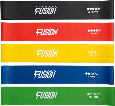 Fitness Fusion Resistance Loop Exercise Bands with Carry Bag Instruction Guide, Set of 5 for Women and Men